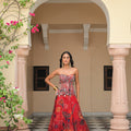 Scarlet Bloom Embroidered Corset with Scarlet. Bloom Printed Lehenga