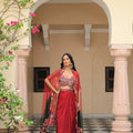 Scarlet Bloom Bralette with cowl Skirt and Cape