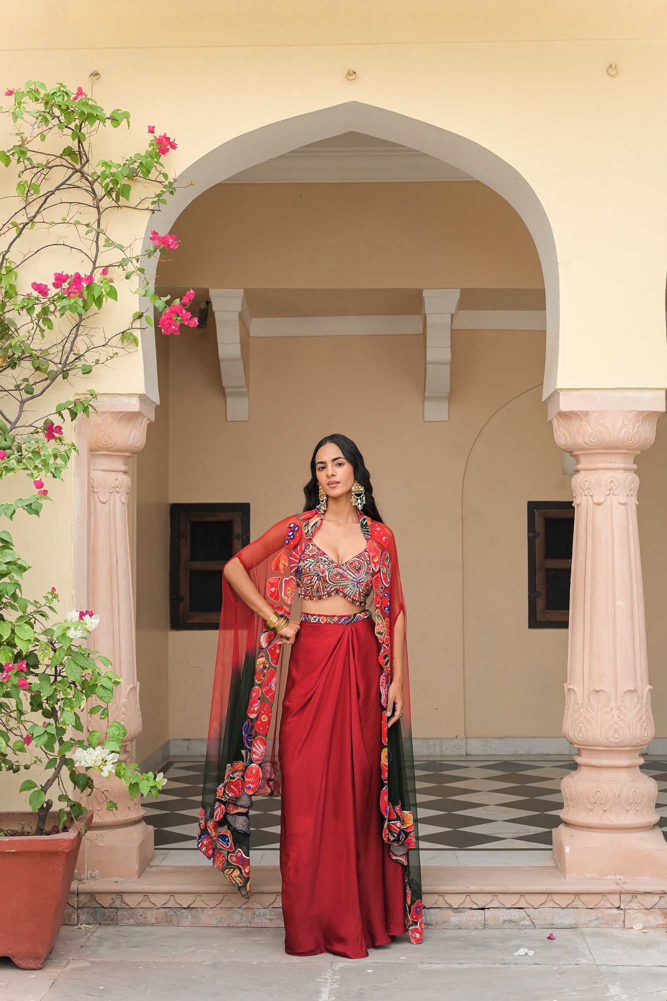 Scarlet Bloom Bralette with cowl Skirt and Cape