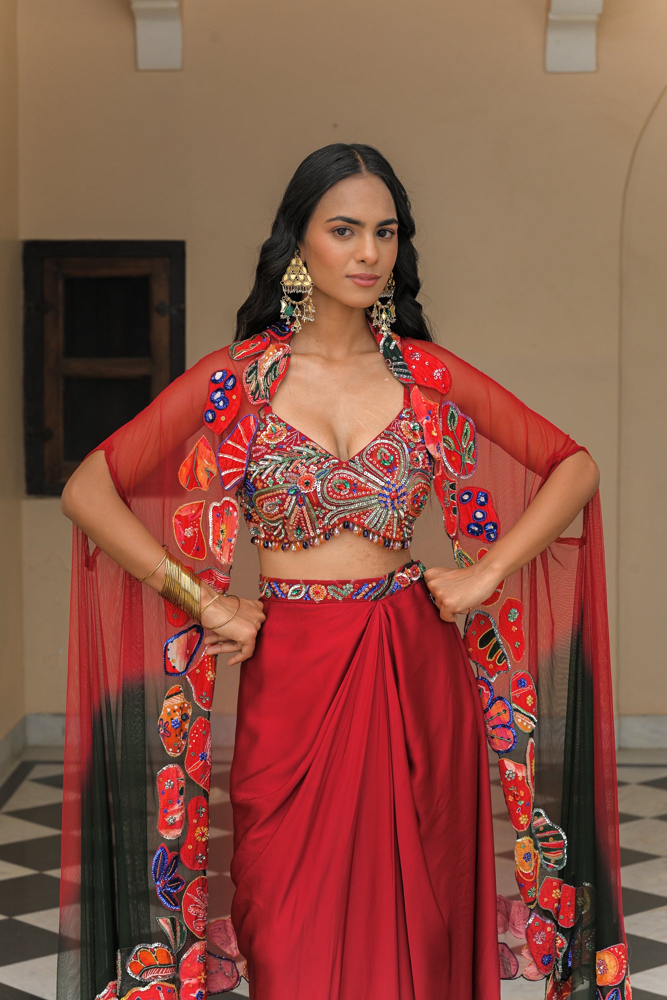 Scarlet Bloom Bralette with cowl Skirt and Cape