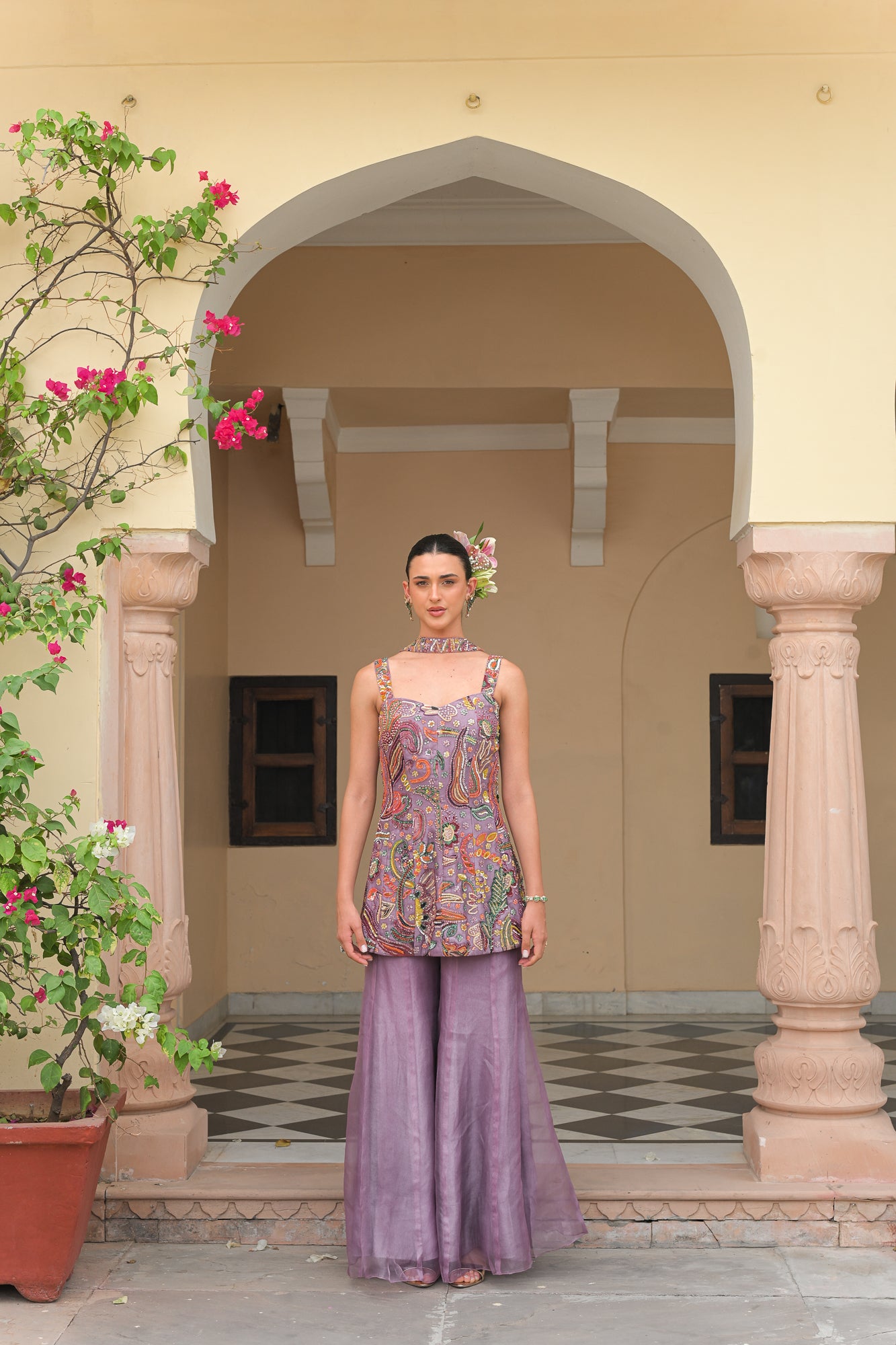 Violet Bloom Embroidered Kurta with Kali Pants and Tassel Dupatta