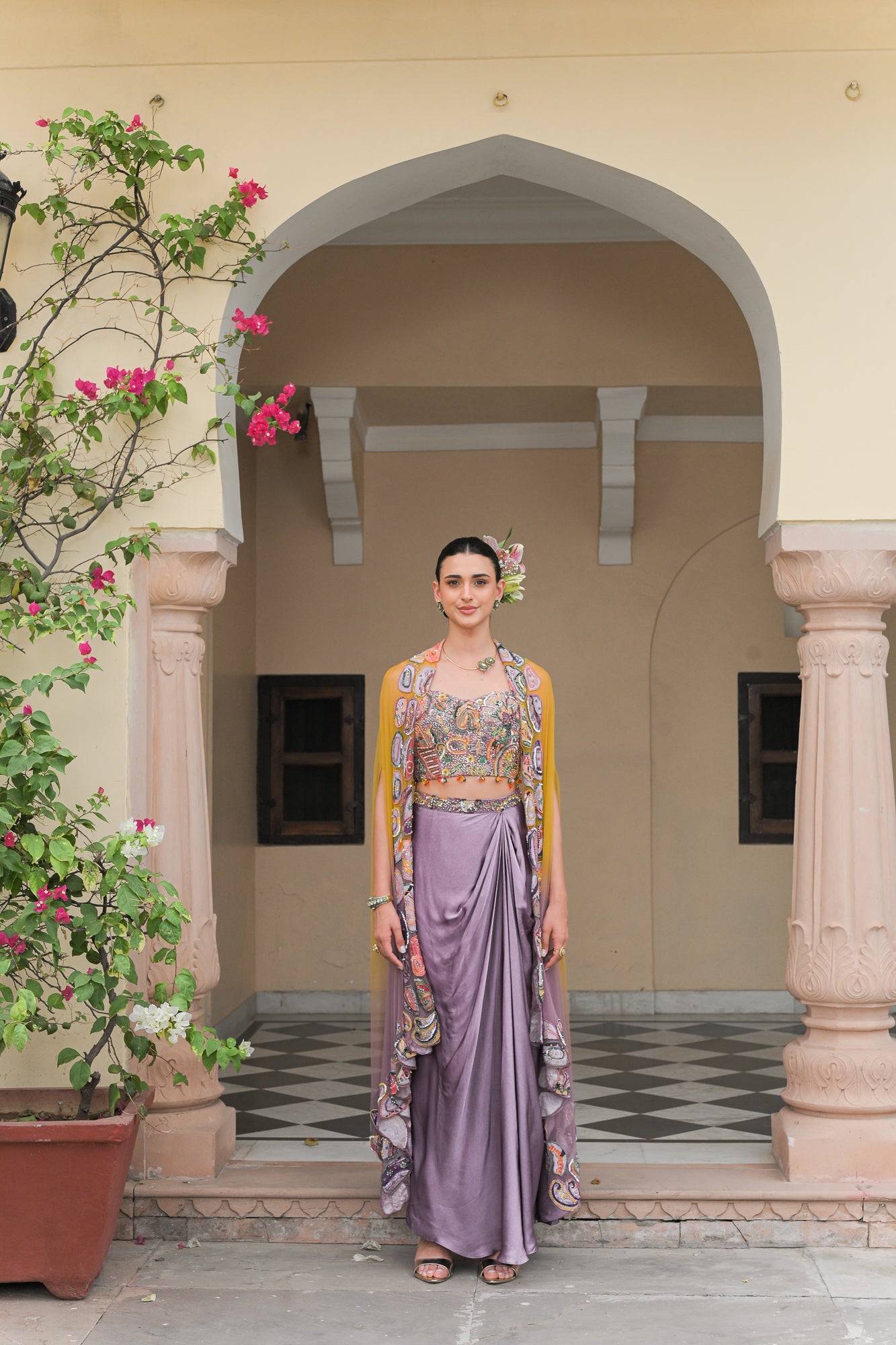 Purple Cowl Skirt with Violet Bloom Corset and Cape