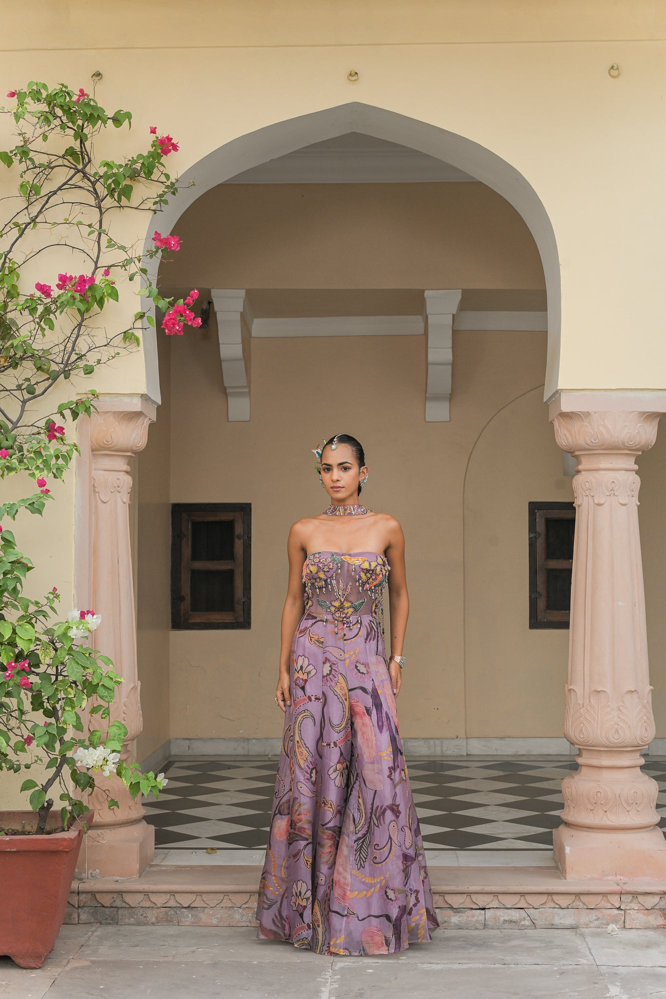 Violet Bloom Flower Patch Jumpsuit with Tassel Dupatta