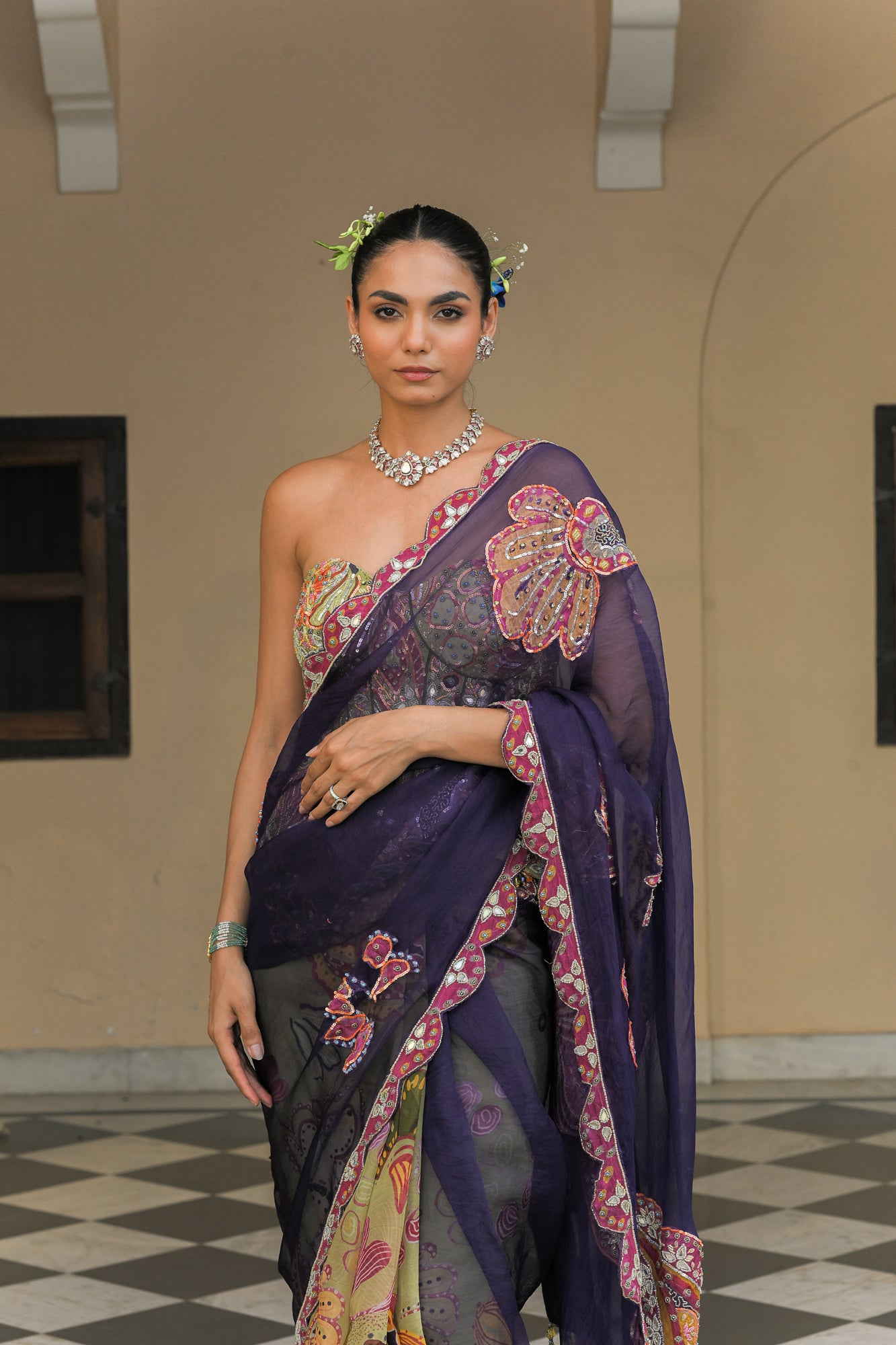 Dual Saree with Patch Palla and Olive Bloom Corset