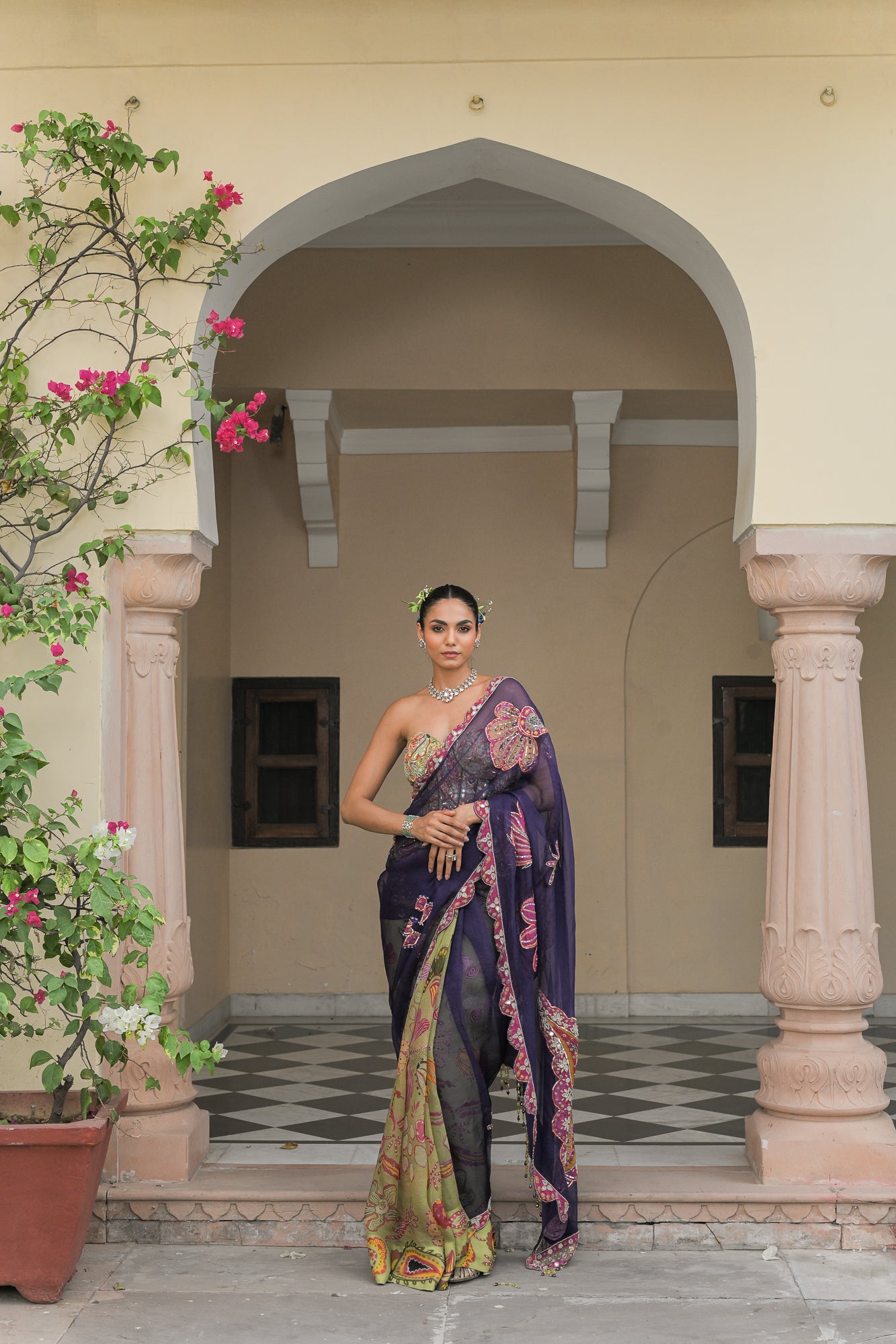 Dual Saree with Patch Palla and Olive Bloom Corset