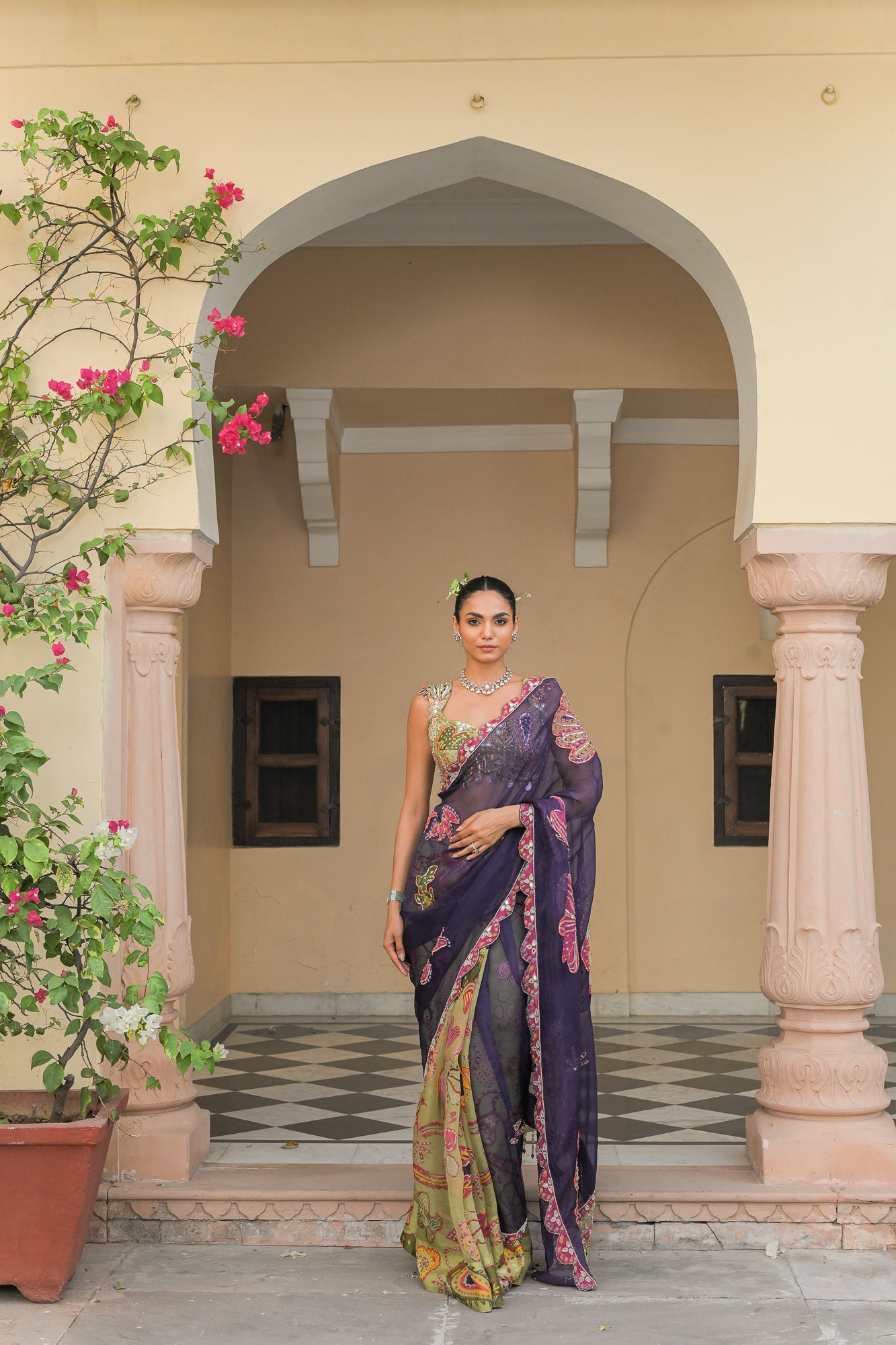 Dual Saree with Patch Palla and Olive Bloom Mirror Work Blouse