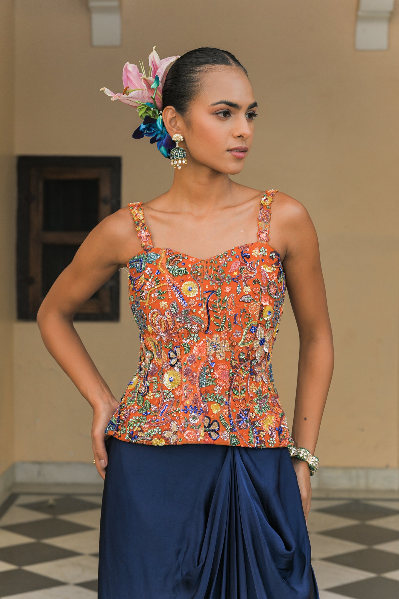 Amber Bloom Corset Paired with Satin Cowl Skirt and Cape