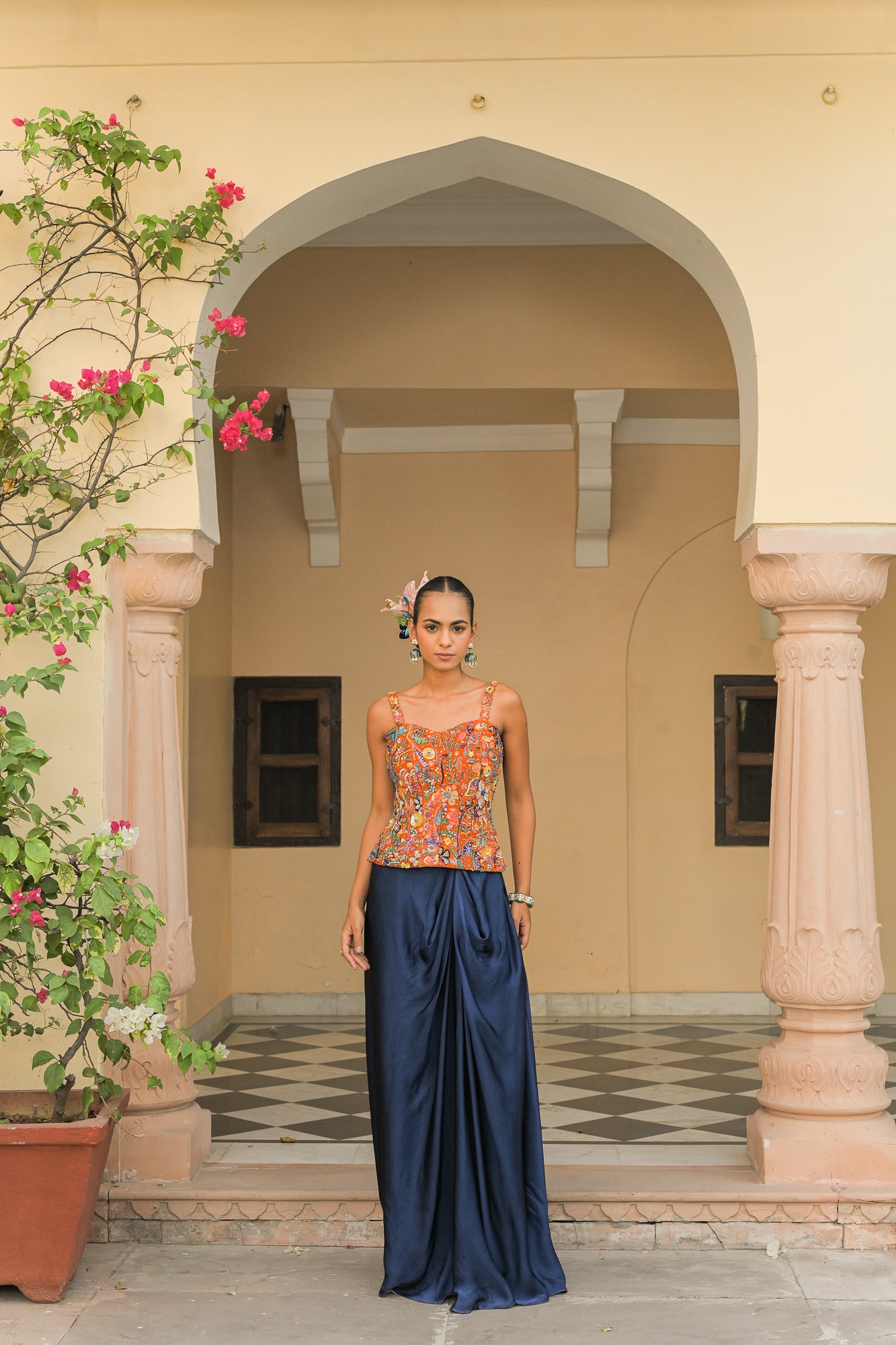 Amber Bloom Corset Paired With Cowl Skirt
