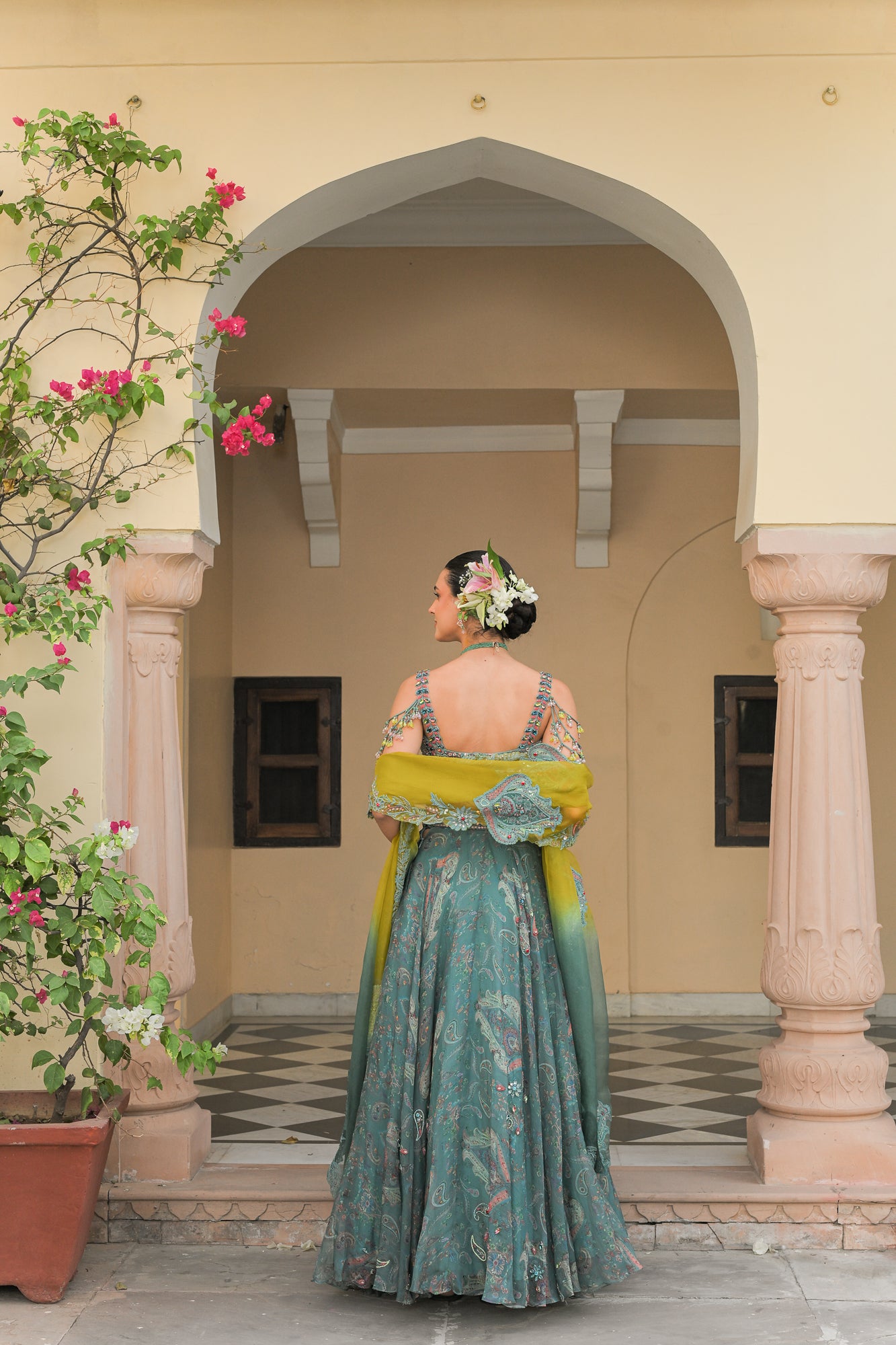 Iris Mist Highlight Lehengas Paired with Patch Highlight Iris Mist Blouse and Thread Work Appliqué Patch Highlight Dual Dupatta