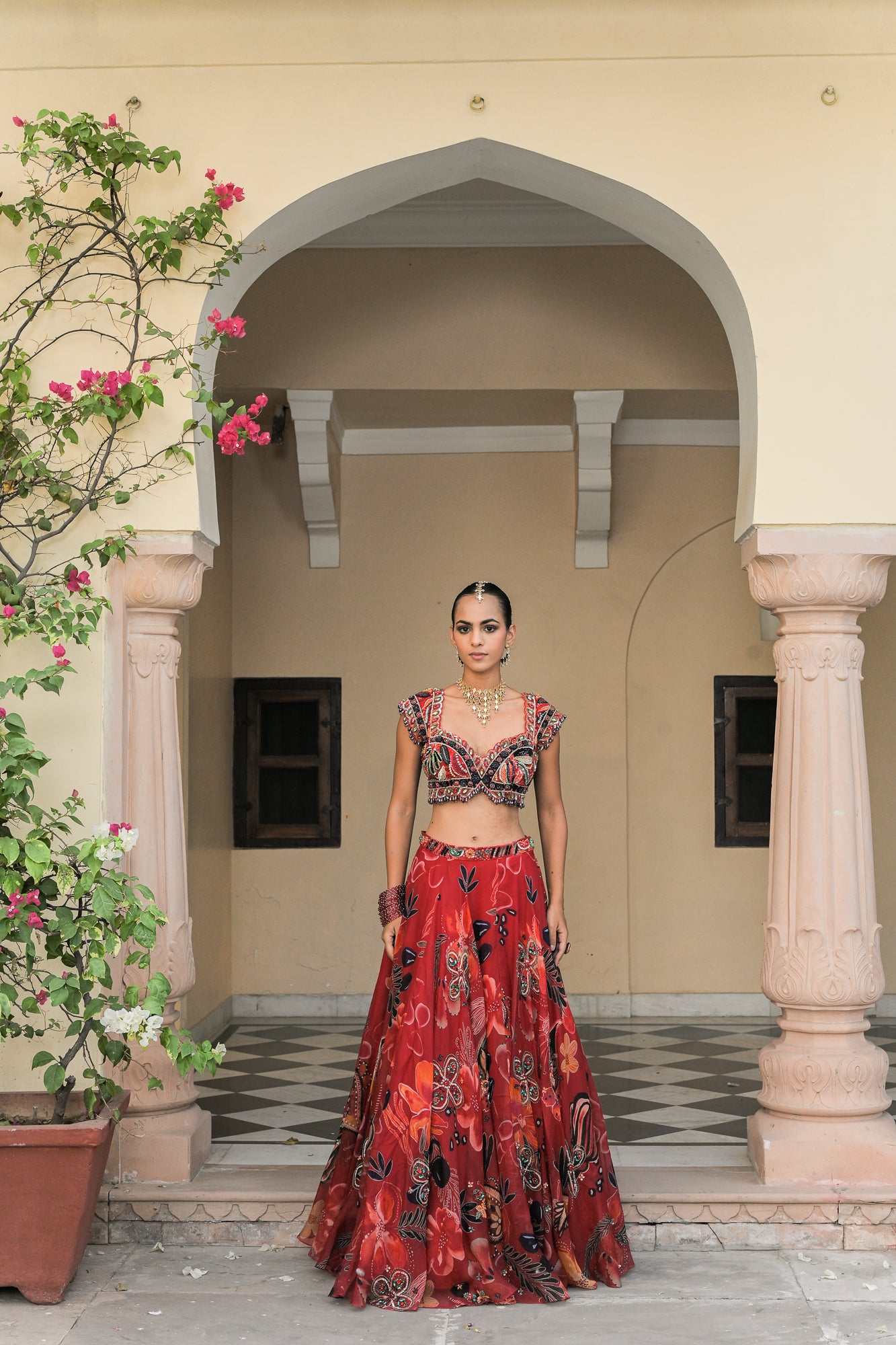 Scarlet Bloom Highlight Lehengas with Highlight. Embroidered Blouse and Dual Applique Patch. Highlight Dupatta