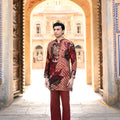 Red Organza Kurta With Work On Cuff With Maroon Flare Pant