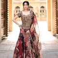 Maroon Printed Organza Lehenga with Embroidered Corset With Dupatta