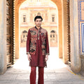Red Organza Highlighted Bundi With Plain Maroon Kurta And Flare Maroon Pant