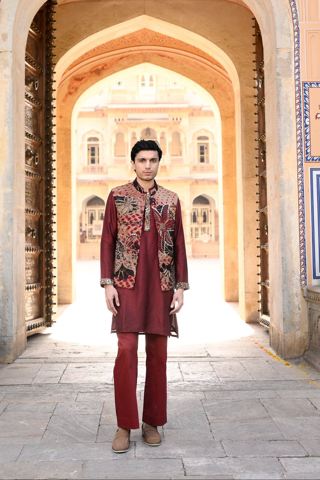 Red Organza Highlighted Bundi With Plain Maroon Kurta And Flare Maroon Pant