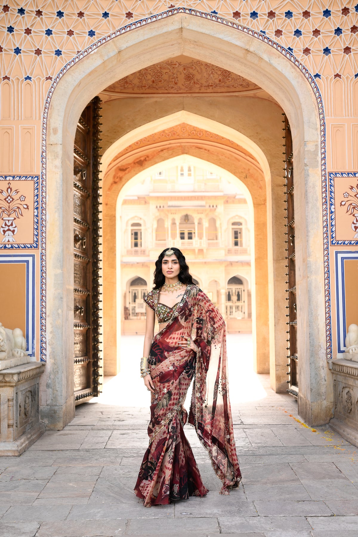 Maroon Prestitched Organza Saree With Highlighted Open Palla and Embroidered Blouse