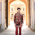 Maroon Highlighted Bundi With Organza Printed Kurta and Maroon Flare Pant