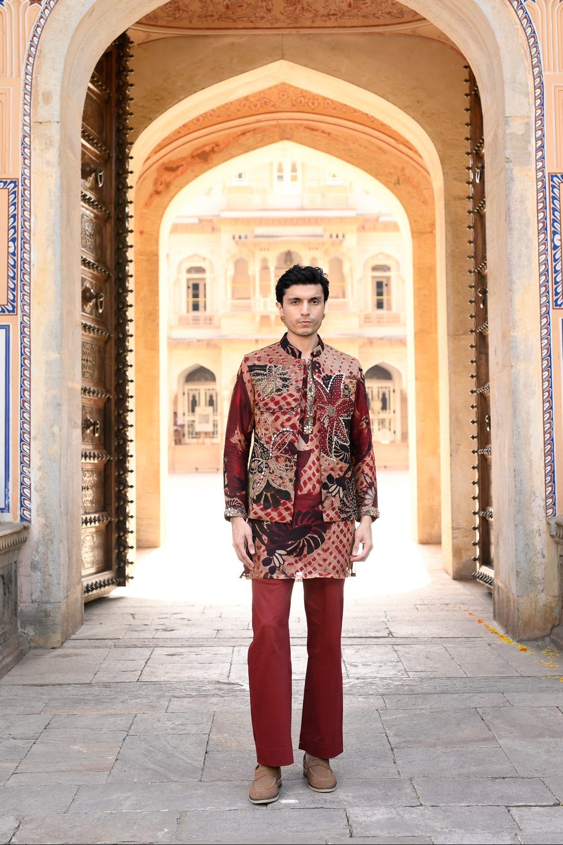 Maroon Highlighted Bundi With Organza Printed Kurta and Maroon Flare Pant