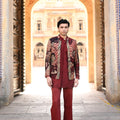 Organza Achkan With Border And Plain Pintuck Kurta With Maroon Flair Pant