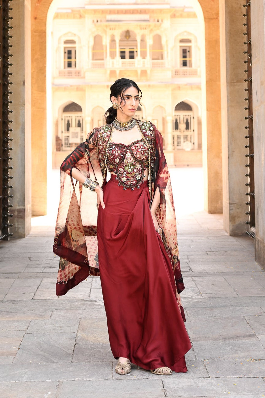 Maroon Dhoti Skirt with Embroidered Bralette and Cape