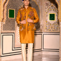 Yellow Highlighted Printed Bundi With Yellow Kurta & Beige Flare Pant