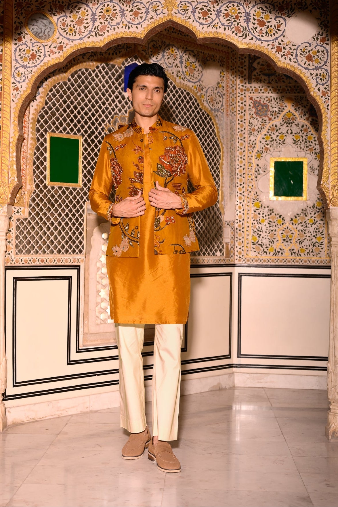 Yellow Highlighted Printed Bundi With Yellow Kurta & Beige Flare Pant