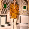 Yellow Printed Organza Kurta With Beige Flare Pant