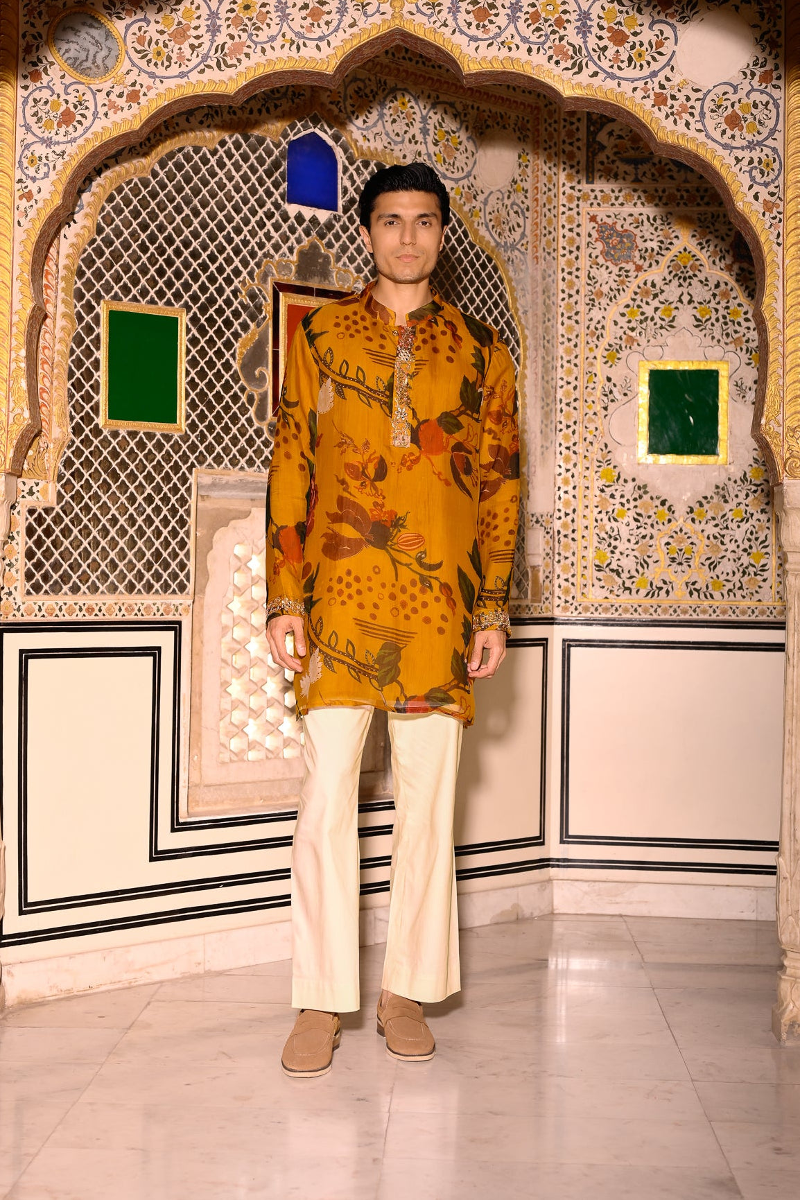 Yellow Printed Organza Kurta With Beige Flare Pant