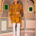 Yellow Highlighted Bundi With Organza Printed Kurta With Beige Flare Pant