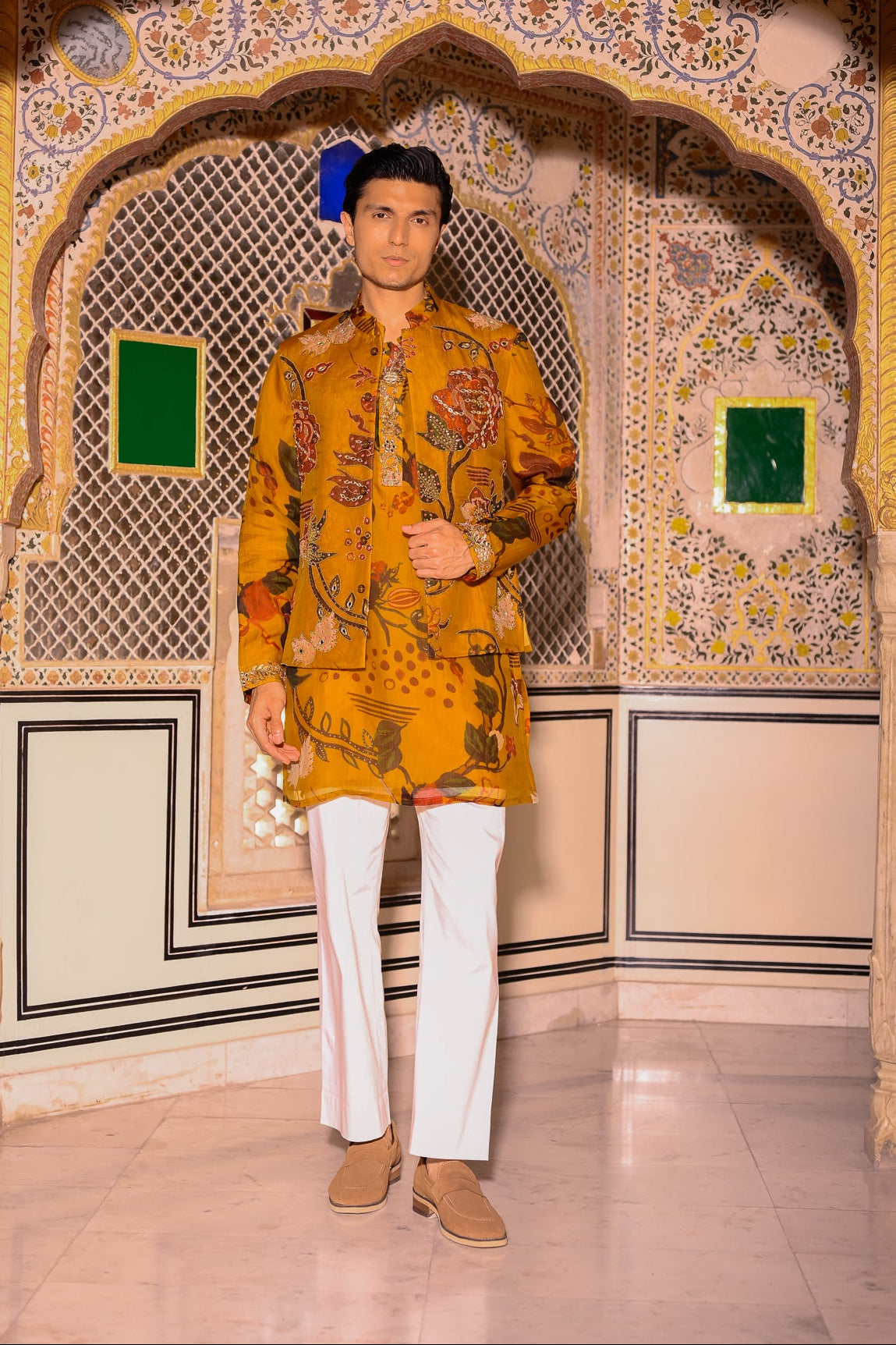 Yellow Highlighted Bundi With Organza Printed Kurta With Beige Flare Pant