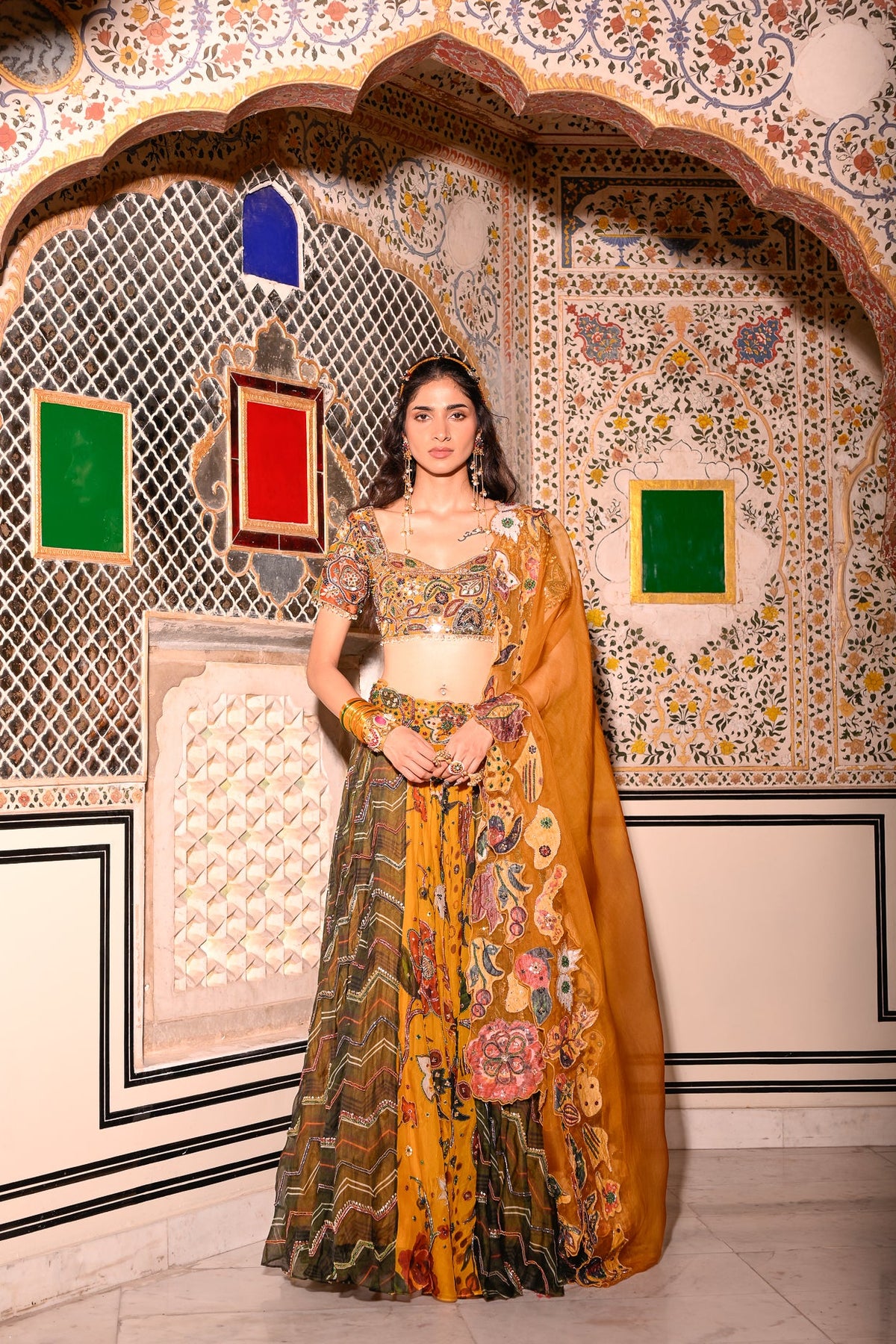 Highlighted Yellow and Green Dual Lehenga with Embroidered Blouse and Dupatta