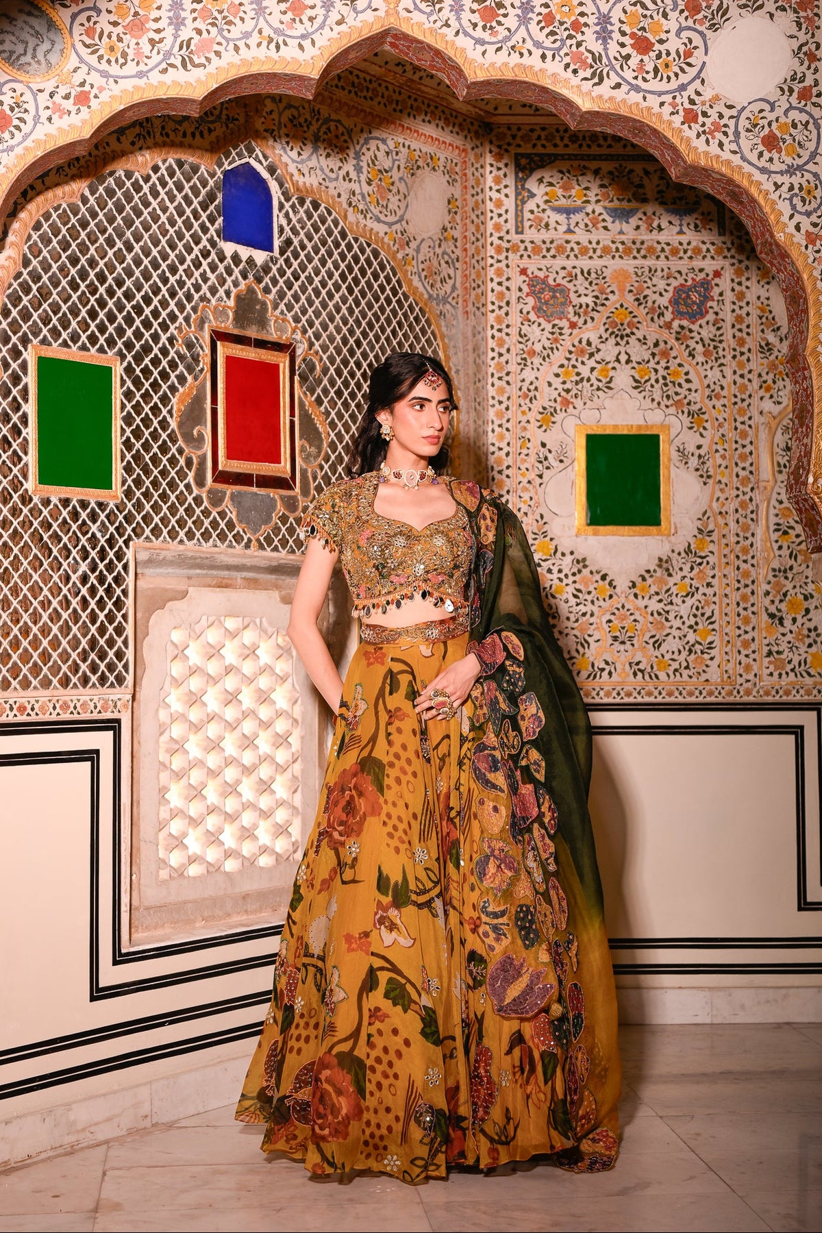 Yellow Embroidered Blouse with Highlighted Lehenga and Dupatta