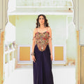 Embroidered Corset With Navy Blue Cowl Skirt