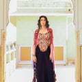 Pink Embroidered Corset With Cowl Skirt With Dual Applique Cape