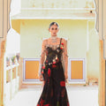 Black Floral Printed Tassel Saree With Embroidered Corset