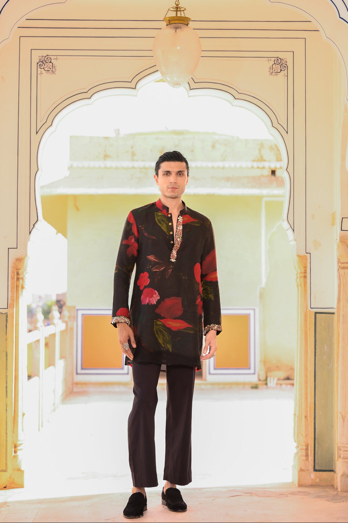 Black Organza Kurta With Embroidered Cuff paired with Flare Black Pant
