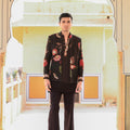 Highlighted Organza Achkan With Black Kurta And Black Flair Pant