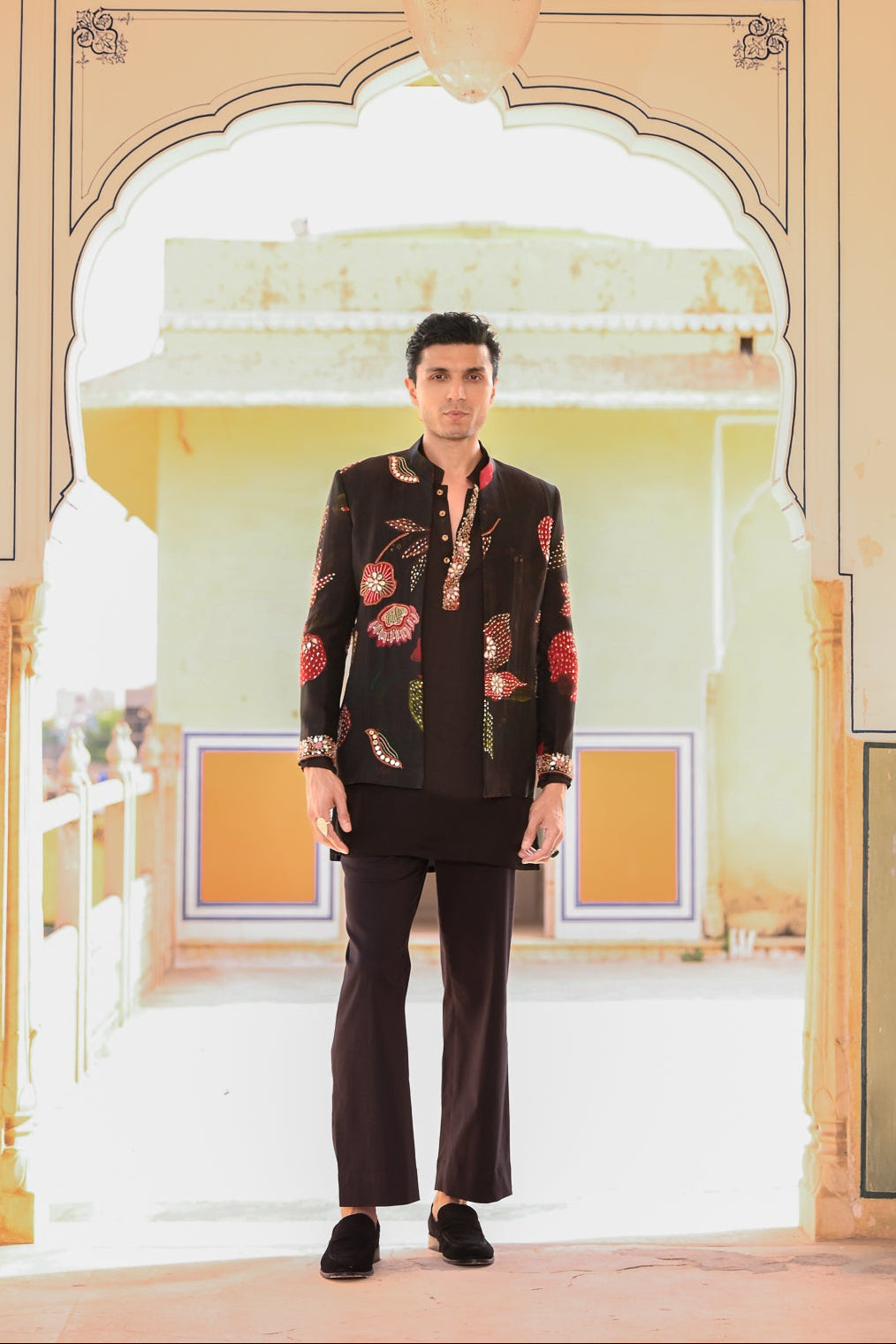 Highlighted Organza Achkan With Black Kurta And Black Flair Pant
