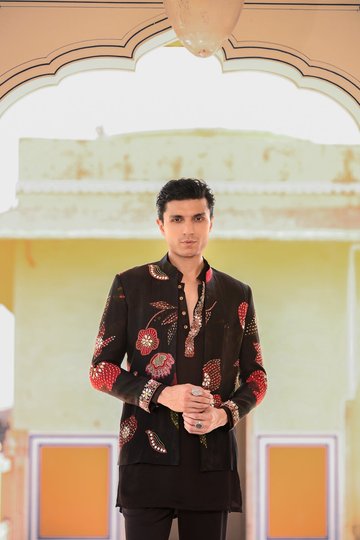Highlighted Organza Achkan With Black Kurta And Black Flair Pant