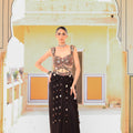 Black Embroidered Tassel Crop Top with Cowl Skirt