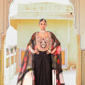 Black Cowl Skirt with Floral Printed Cape and Embroidered Corset