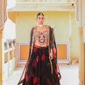 Black Floral Printed Lehenga with Embroidered Bralette and Cape