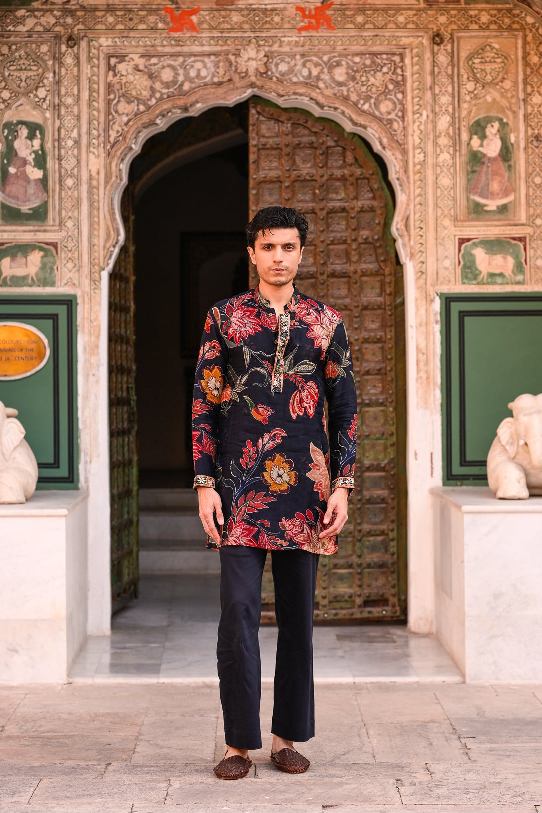 Blue Organza Kurta With Embroidered Cuff And Flared Blue Pant
