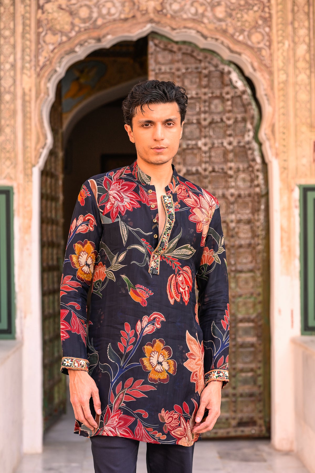 Blue Organza Kurta With Embroidered Cuff And Flared Blue Pant