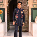 BluenOrganza Highlight Half Jacket With Plain Pintuck Kurta And Flared Blue Pant