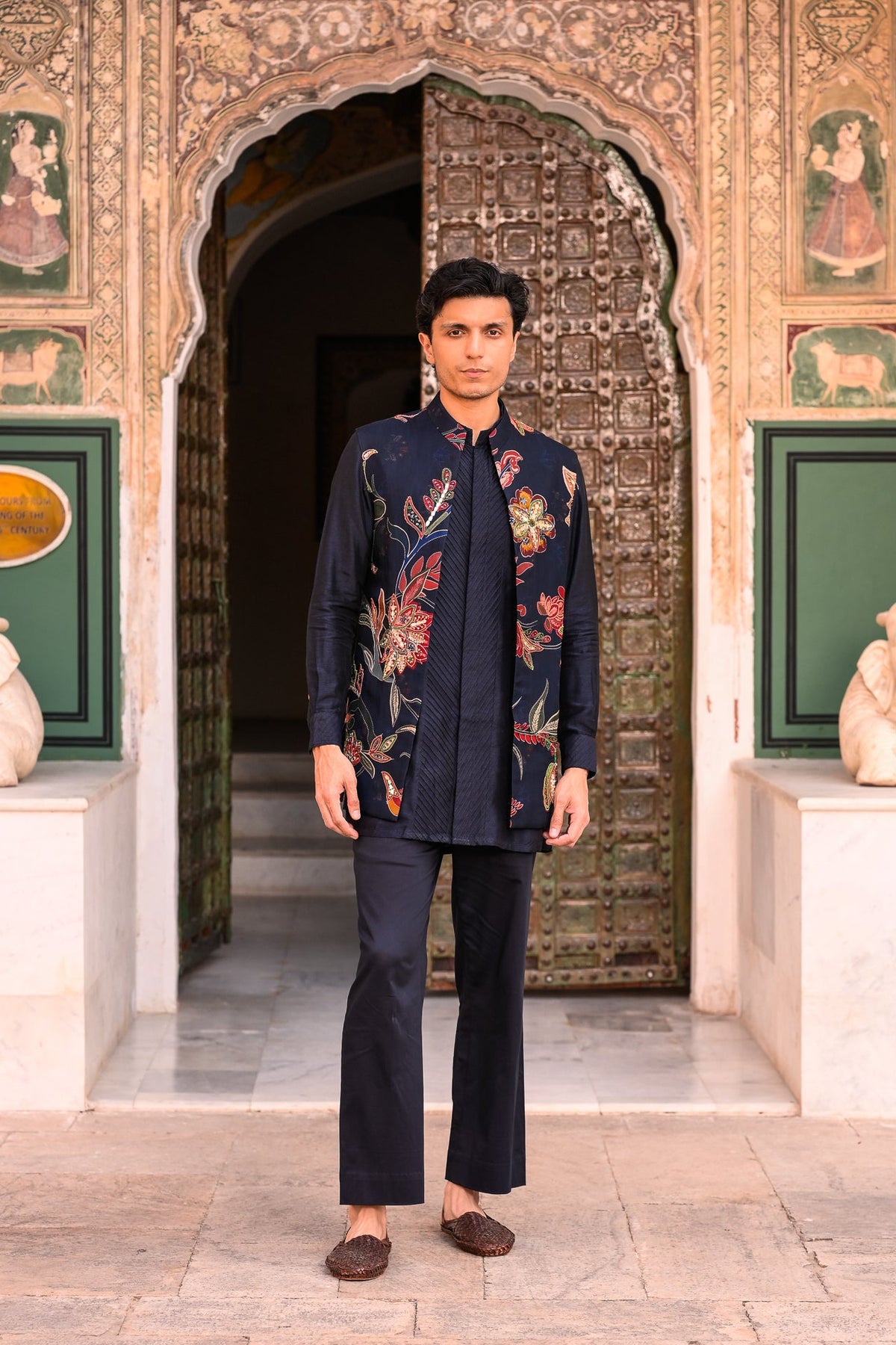 BluenOrganza Highlight Half Jacket With Plain Pintuck Kurta And Flared Blue Pant