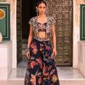 Printed Floral Organza Pant With Embroidered Bralette with Embroidered Jacket
