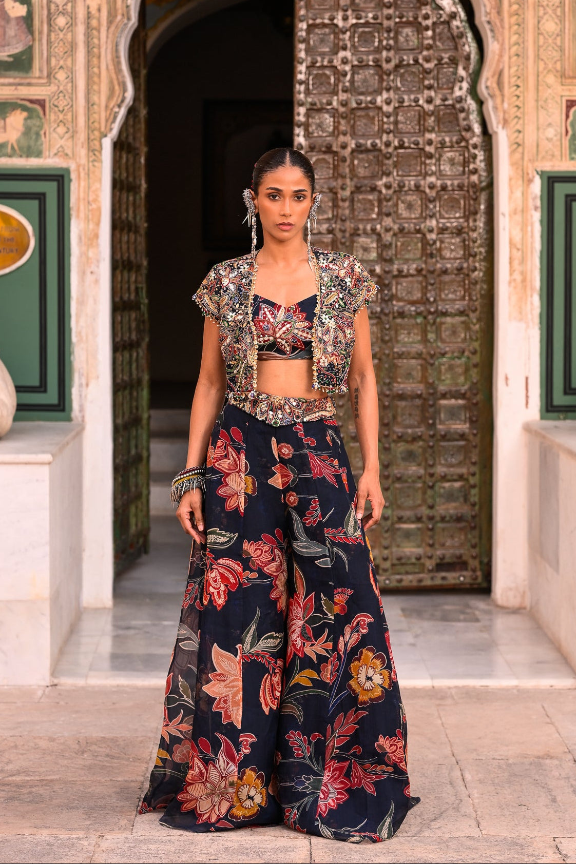 Printed Floral Organza Pant With Embroidered Bralette with Embroidered Jacket