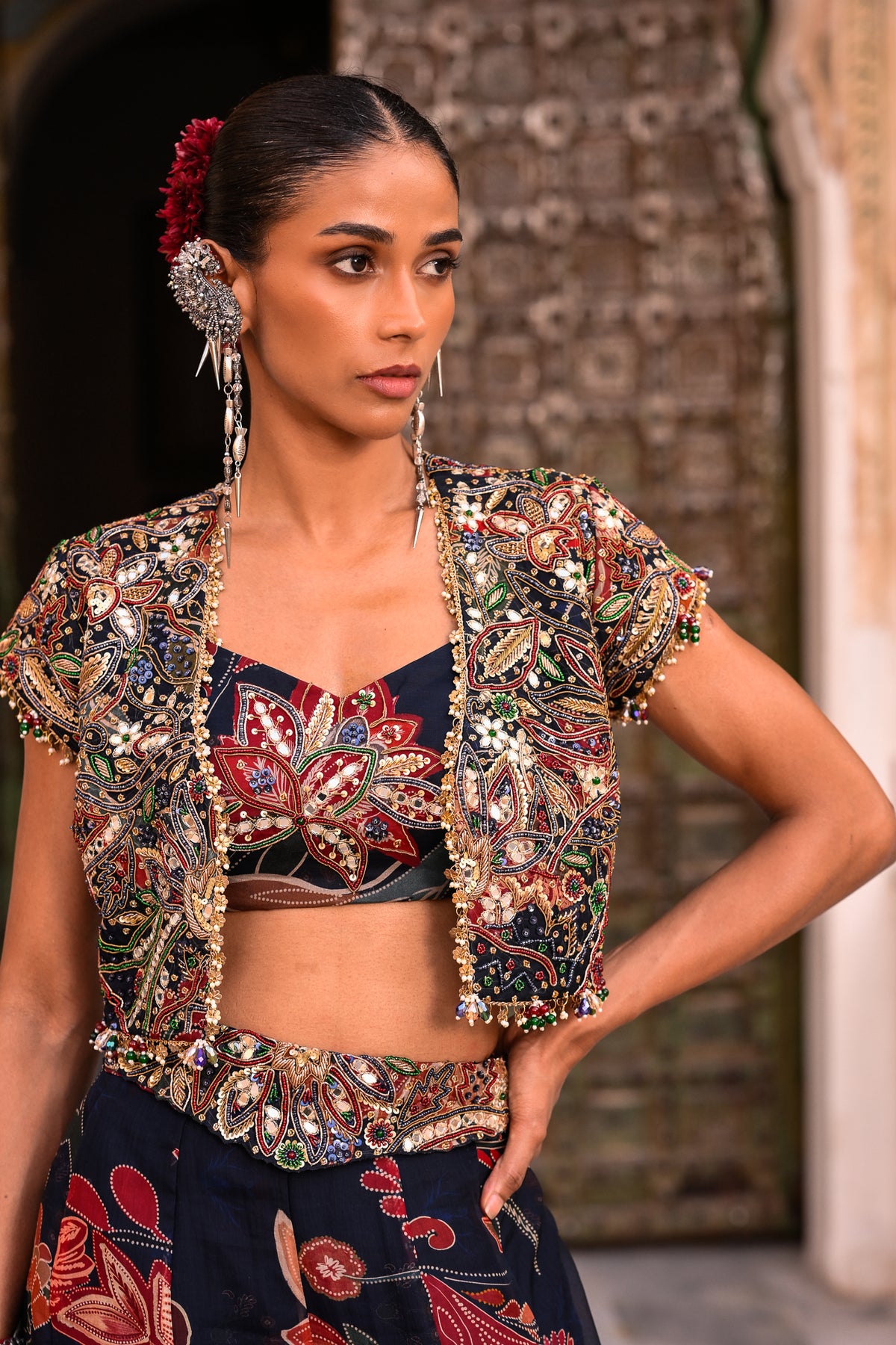 Printed Floral Organza Pant With Embroidered Bralette with Embroidered Jacket