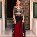 Dual Shaded Cowl Skirt with Embroidered Blouse and Applique Cape