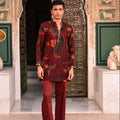 Maroon Printed Organza Kurta With Embroidered Cuff And Flared Maroon Pant